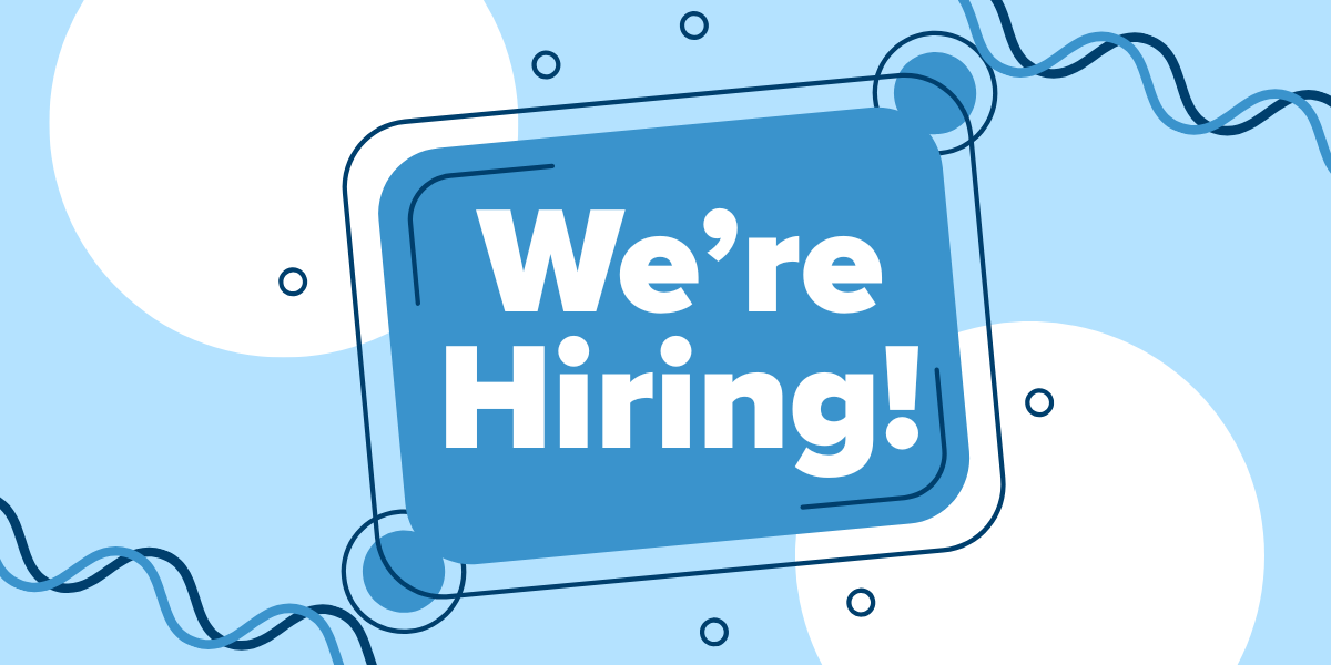 Graphic with a light blue and white background featuring abstract squiggles and circles. In the center, a bold blue rectangle contains the text “We’re Hiring!” in large white letters. The Project Neighbors logo appears in the top left corner, and the bottom right corner reads “Read more in the caption!” with a downward arrow.